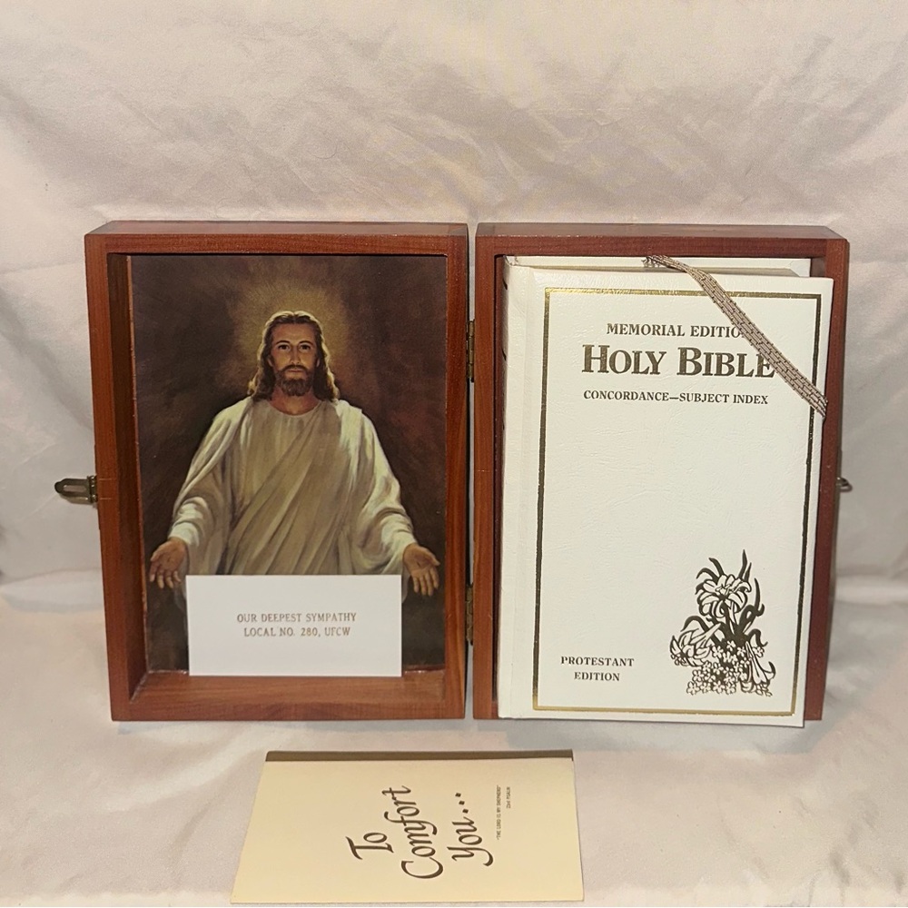 Vintage King James White Leather Holy Bible Memorial Edition & Cedar Wood